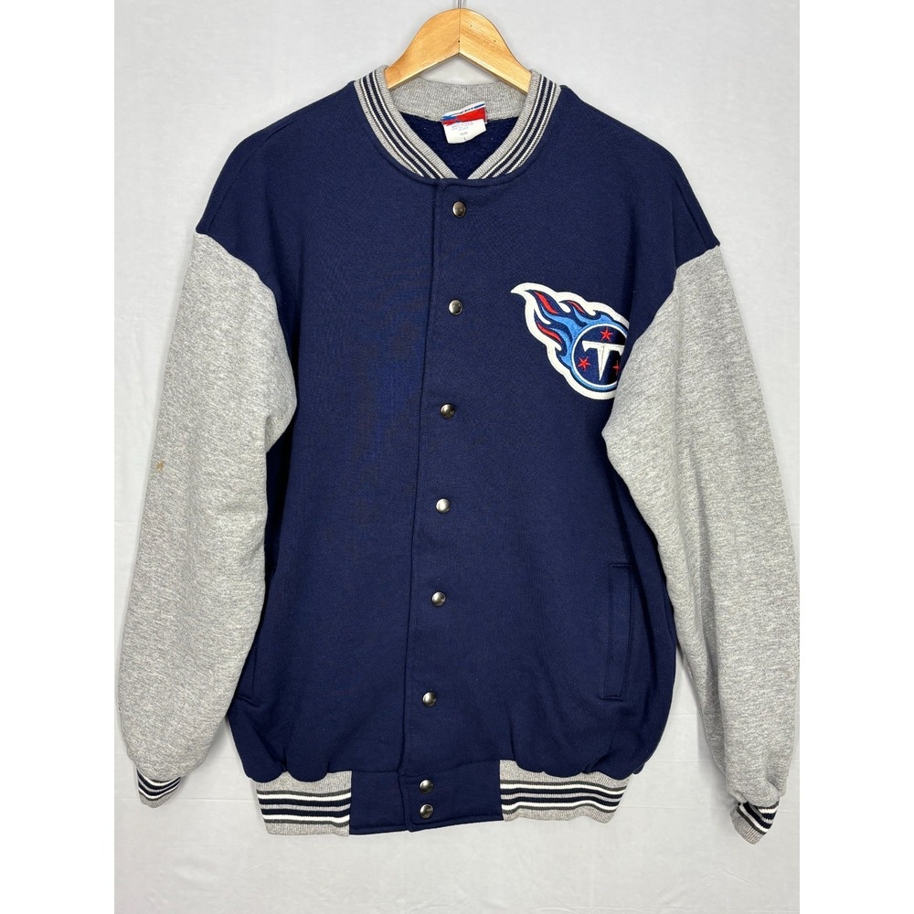 Tennessee Titans Jacket Majestic Full-Snap NFL Mens Blue Gray Logo Patch Varsity
